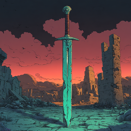 Moebius Artstyle Sword and Ruins Cartoon Illustration