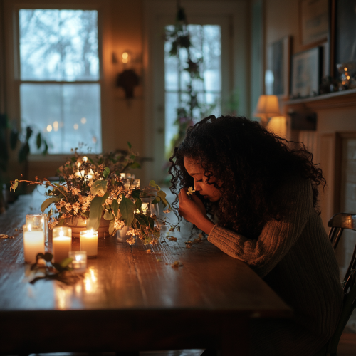 Mom smelling winter flower in elegant home