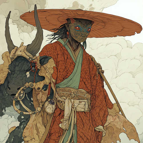 Monk in robe and mask rides ox through mountains.