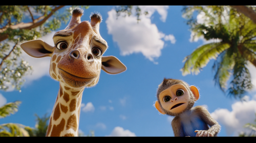 Monkey tries to talk to Zuma the giraffe.