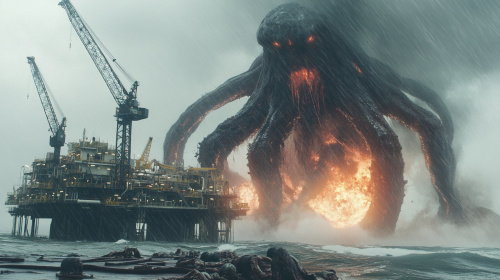 Monster Cthulu destroying oil rig in stormy weather
