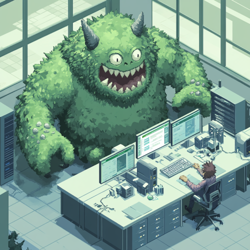 Monsters causing trouble in game company office. Error message.