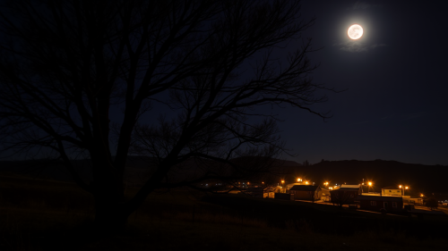 Moonlit Tree and Torch-Lit Houses at Night