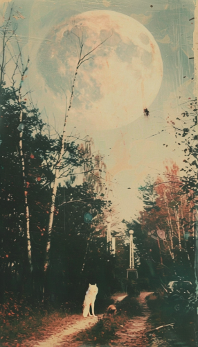 Moonlit forest scene with dog, wolf, and crayfish. Moonlit forest scene with dog, wolf, and crayfish.