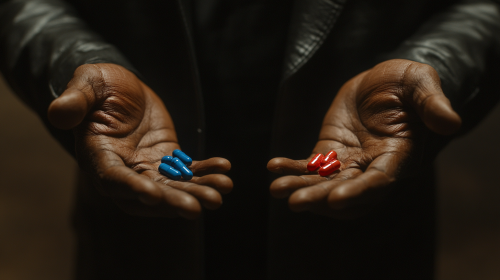 Morpheus offers two pills close up in photo