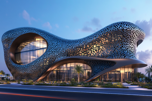 Mosque design with wave-like structure, ocean-blue glass, & greenery. Mosque design with wave-like structure, ocean-blue glass, & greenery.