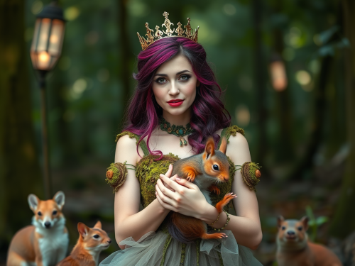 Moss-Dressed Queen with Squirrel in Forest