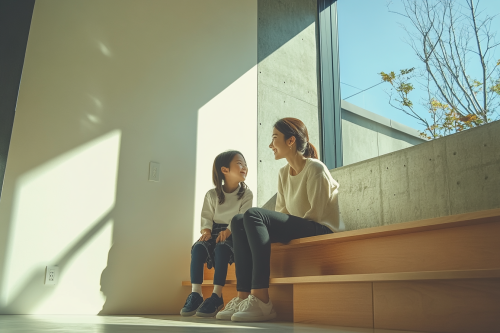 Mother and daughter in modern, cozy Western home.