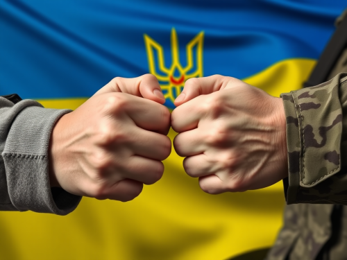 Mother and soldier hold hands under Ukrainian flag.
