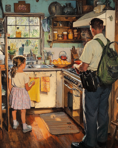 Mother cooking eggs, family getting ready to leave. Mother cooking eggs, family getting ready to leave.