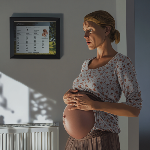 Mother strokes belly, shocked by talking in belly.