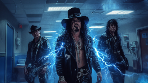 Motley Crue members in hospital ER with blue lightning.