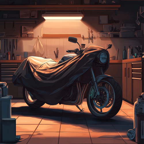 Motorcycle covered with moisture-absorbing material stored in garage. Motorcycle covered with moisture-absorbing material stored in garage.