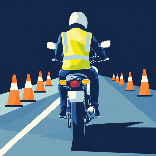 Motorcyclist in yellow vest rides on road with cones