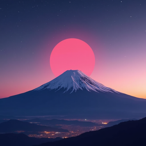 Mount Fuji under pink night sky