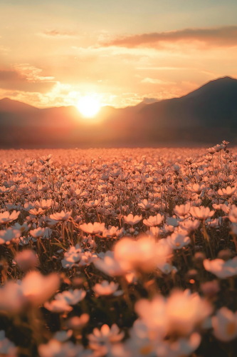 Mountain sunset with sea of flowers, fog, bird
