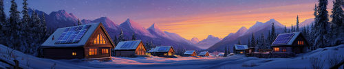 Multiple cabins with solar panels in snowy mountains.