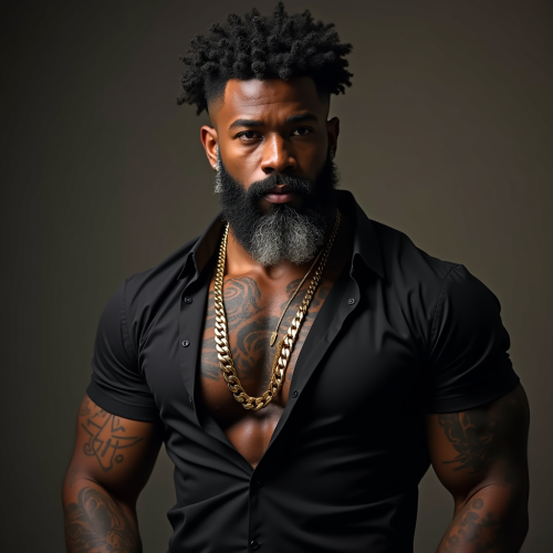 Muscular African American Man with Tattoos and Chain