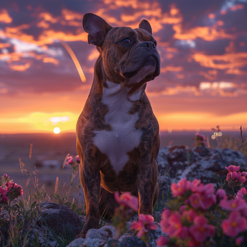 Muscular American Bully Dog at Majestic Sunset Landscape Muscular American Bully Dog at Majestic Sunset Landscape