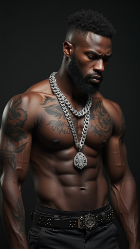 Muscular Dark-Skinned Man with Diamond Chain and Tattoos