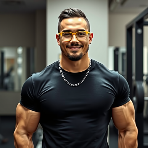 Muscular Man in Black T-shirt at Gym