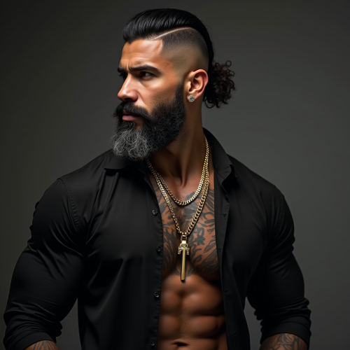 Muscular Man with Beard, Tattoos and Gold Chain