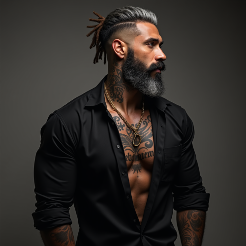 Muscular Man with Beards, Tattoos, and Gold Chain