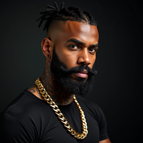 Muscular Man with Tattoos, Beard and Gold Chain