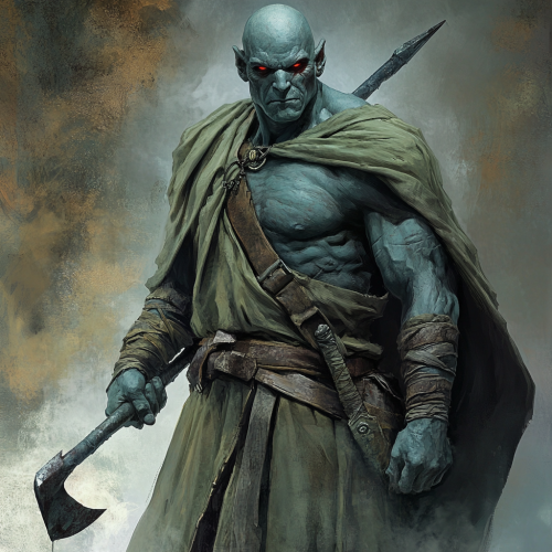 Muscular bald man in green cloak with sickle.