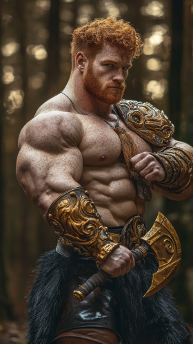 Muscular half-orc in gladiator armor with axe flexing.