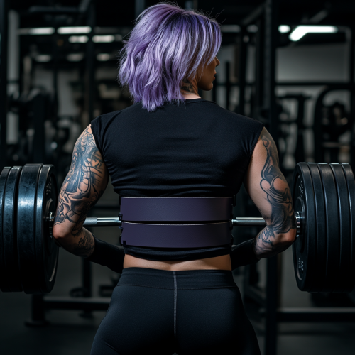 Muscular woman in gym wears leather weight lifting belt.