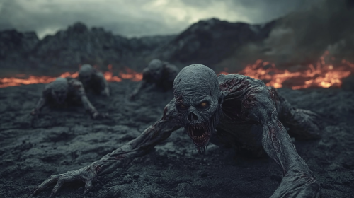 Mutant humans crawl on apocalyptic lava landscape