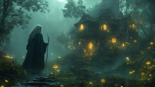 Mysterious Baba Yaga in Enchanted Forest Hut Mysterious Baba Yaga in Enchanted Forest Hut