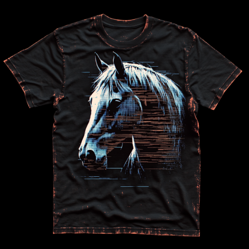 Mysterious Blue Horse T-shirt with Pixelated Design