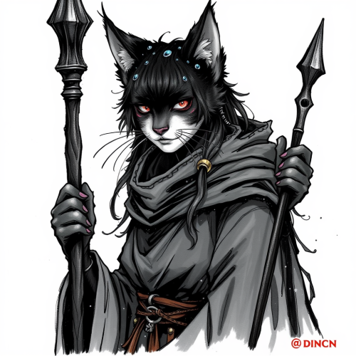 Mysterious Cat Sorceress in Gothic Style Drawing
