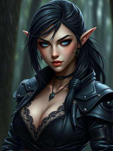 Mysterious Female Elf Rogue in Dark Woods