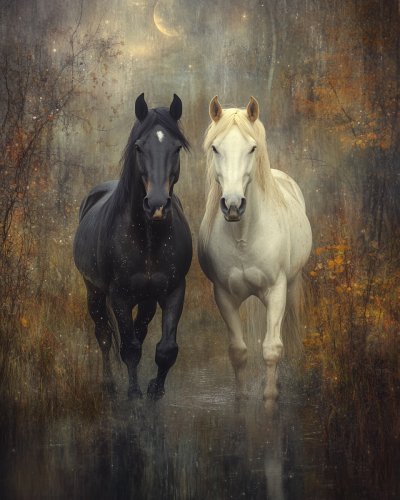 Mysterious Halloween night: two horses in Renaissance elegance
