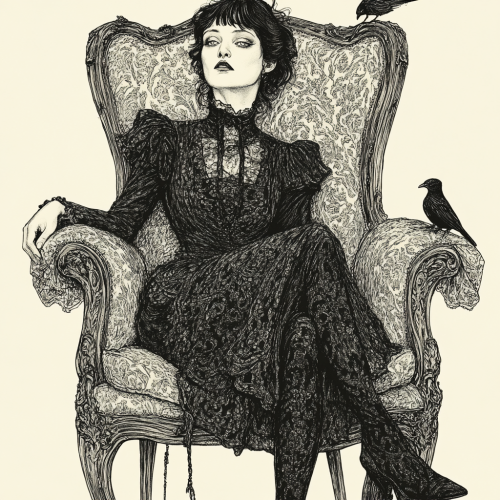 Mysterious Woman in Vintage Chair: An Edward Gorey-Inspired Illustration
