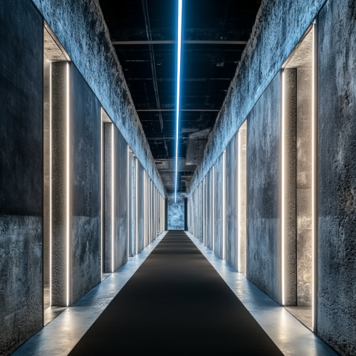 Mysterious corridor with changing lights and black carpet