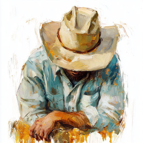 Mysterious cowboy in oil painting style on white background