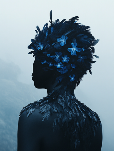 Mysterious creature with feathers and floral patterns