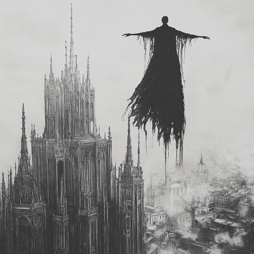 Mysterious figure floating above gothic cityscape