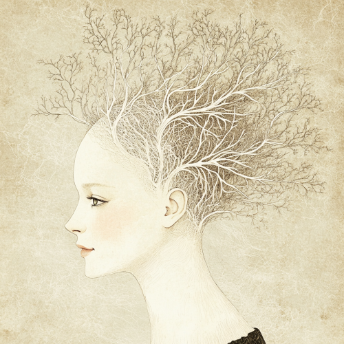 Mysterious figure with web-like headdress in calm setting.