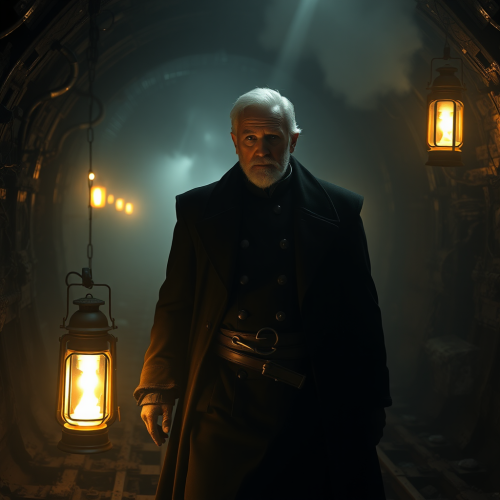 Mysterious grand admiral in steampunk mine at night. Mysterious grand admiral in steampunk mine at night.