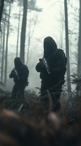 Mysterious men in black with no face in forest