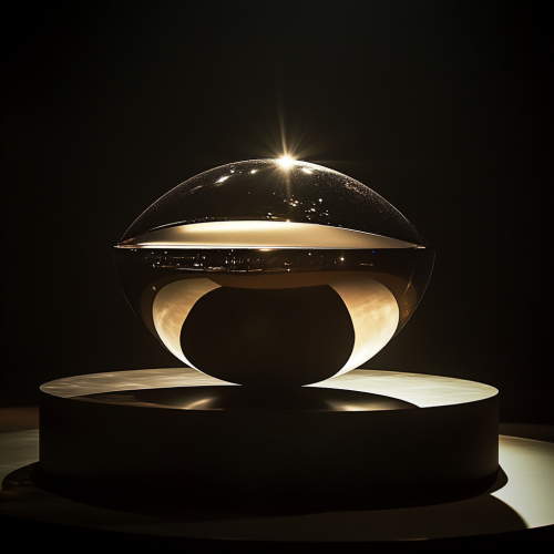 Mysterious metallic object on sleek pedestal in dim room