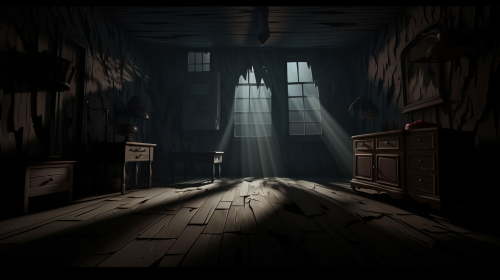 Mysterious room with looming shadows and eerie lighting.