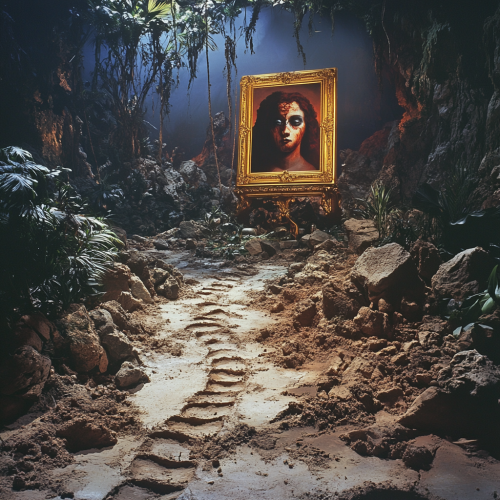 Mysterious tribal scene with golden-framed painting in sacred space.