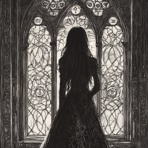 Mysterious woman stands by grand gothic window art. Mysterious woman stands by grand gothic window art.