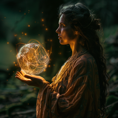 Mystic in robes holds glowing orb of light closely.